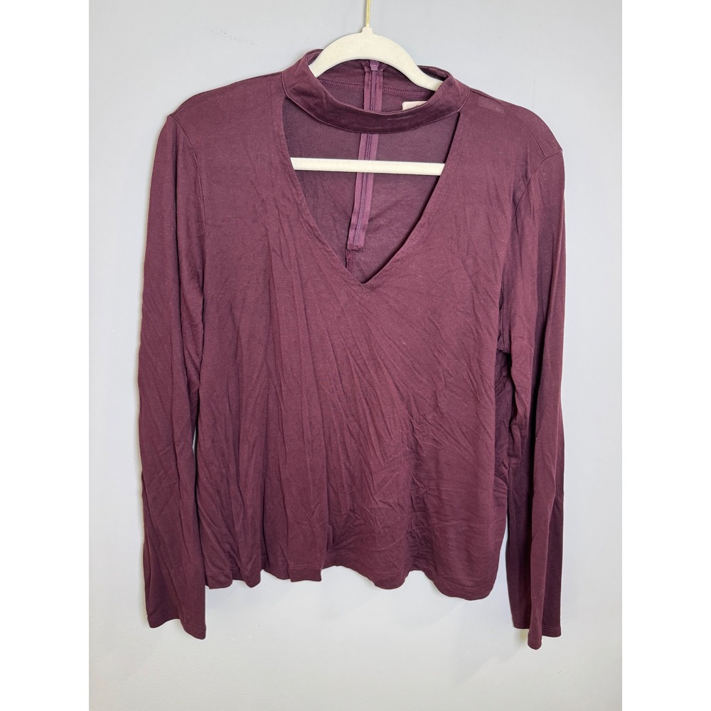 Madewell Burgundy Choker V-Neck Long Sleeve Top XL Lyocell RN77388 Wine Red